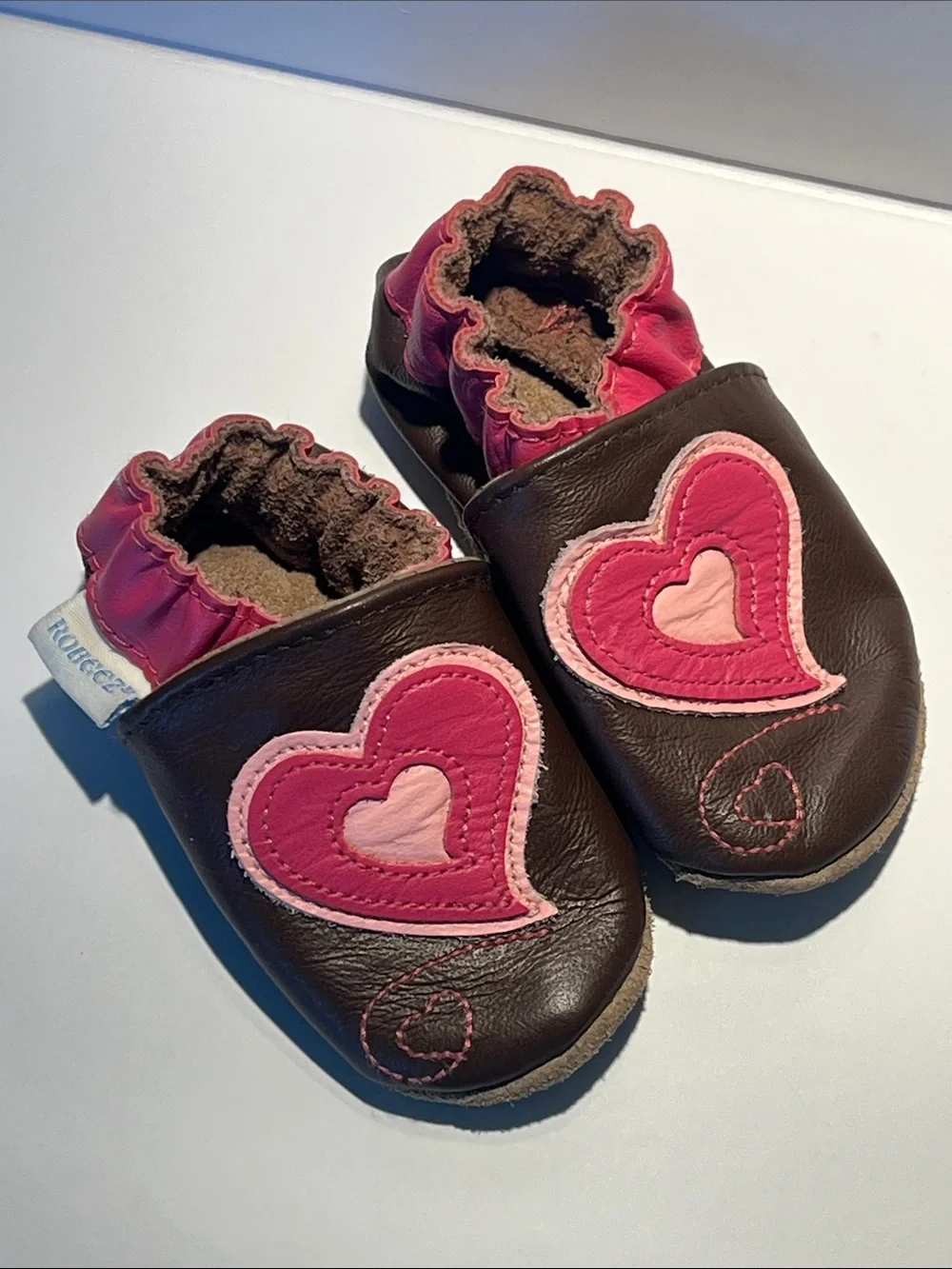 Robeez Dark Brown and Pink Heart Baby Soft-Soled Shoes